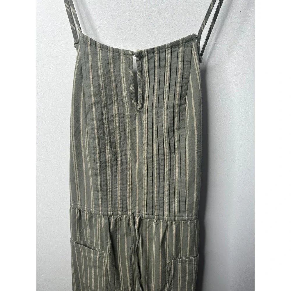 Free People Striped Pleated Bib Jumpsuit Olive Green Cream XL NWT Boho Wide Leg